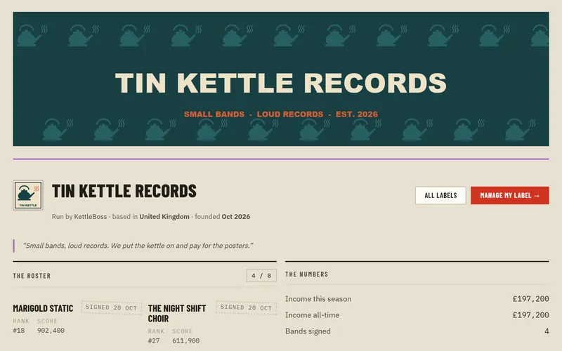 A record label's own page in The Rockstar Game, with its banner across the top, its logo, its mission statement and its roster