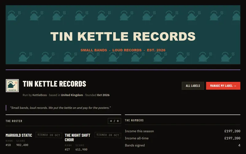A record label's own page in The Rockstar Game, with its banner across the top, its logo, its mission statement and its roster